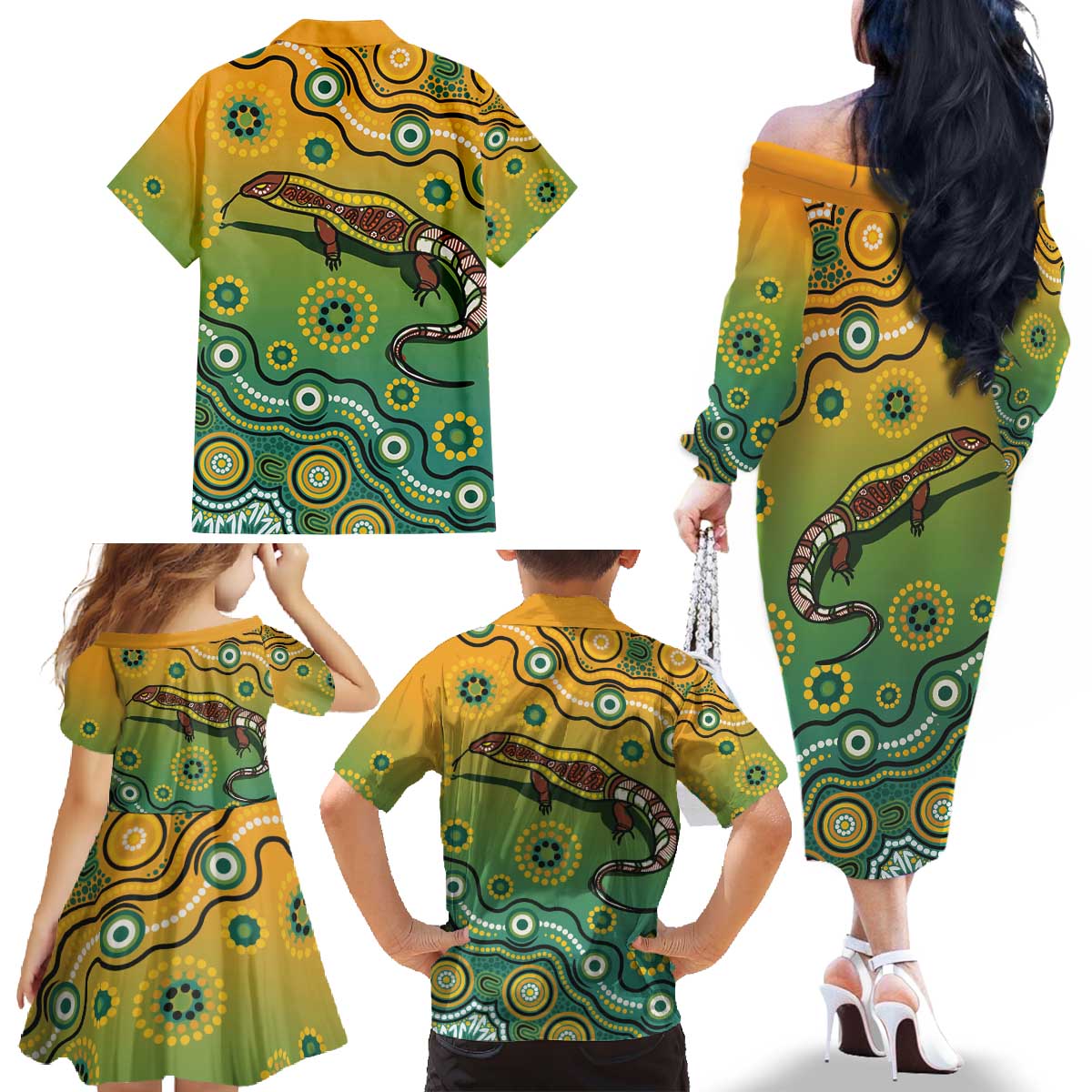 Goanna Aboriginal-style Dot Artwork Family Matching Off The Shoulder Long Sleeve Dress and Hawaiian Shirt