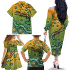 Goanna Aboriginal-style Dot Artwork Family Matching Off The Shoulder Long Sleeve Dress and Hawaiian Shirt