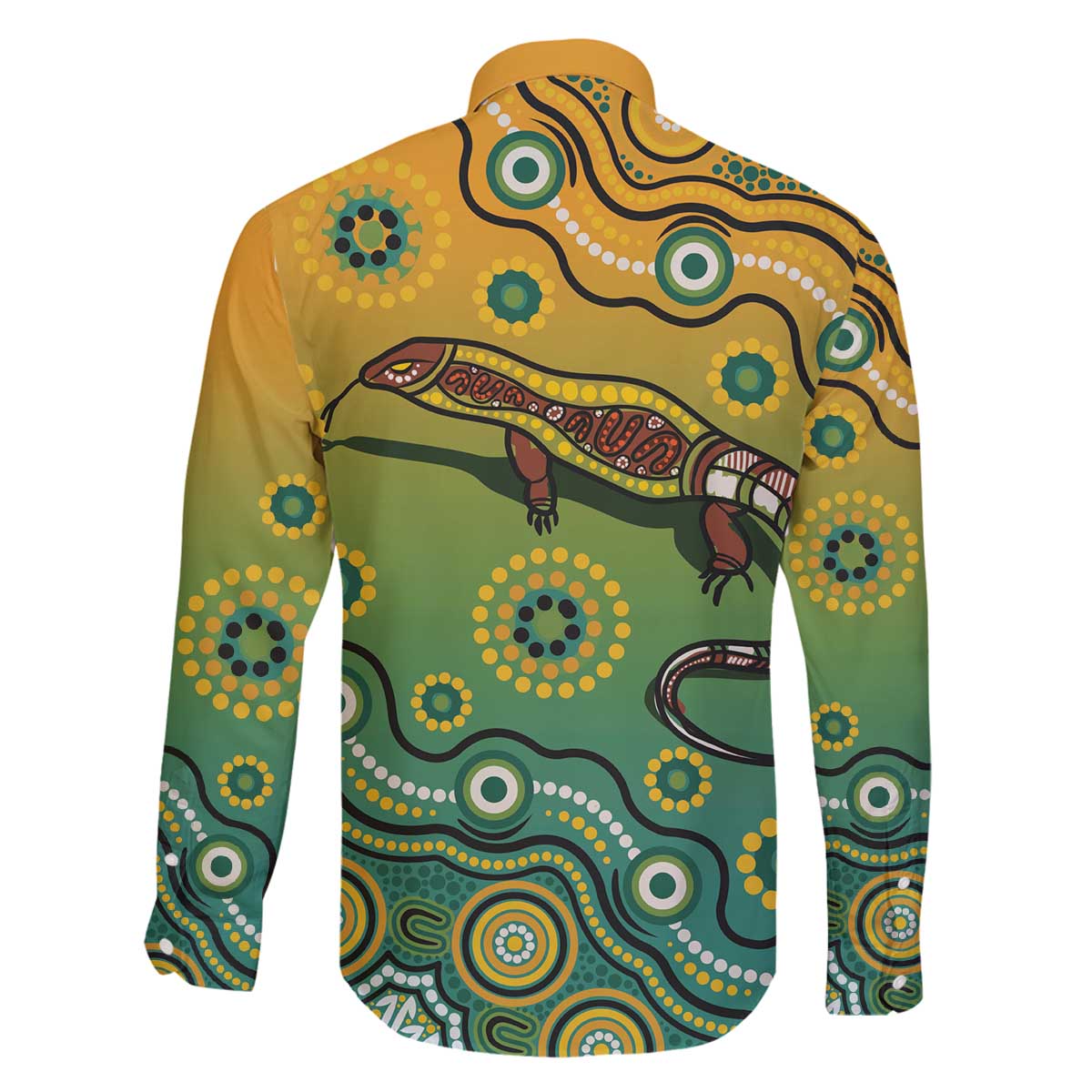 Goanna Aboriginal-style Dot Artwork Family Matching Off The Shoulder Long Sleeve Dress and Hawaiian Shirt