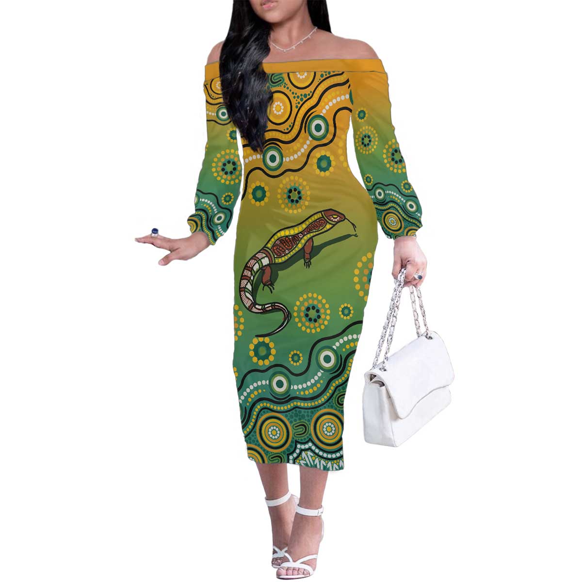 Goanna Aboriginal-style Dot Artwork Family Matching Off The Shoulder Long Sleeve Dress and Hawaiian Shirt