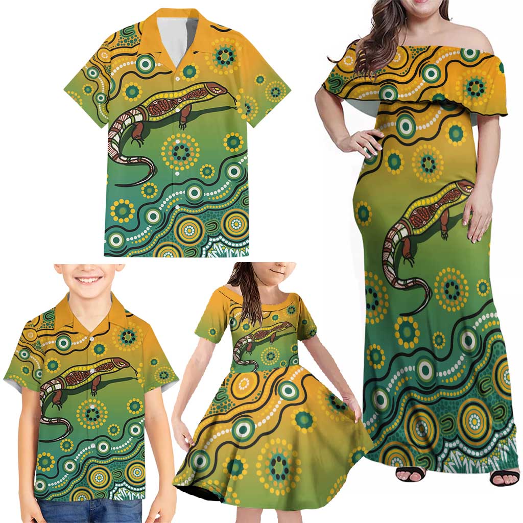 Goanna Aboriginal-style Dot Artwork Family Matching Off Shoulder Maxi Dress and Hawaiian Shirt