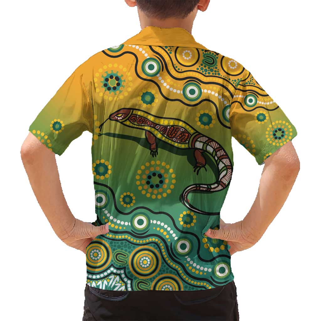 Goanna Aboriginal-style Dot Artwork Family Matching Off Shoulder Maxi Dress and Hawaiian Shirt
