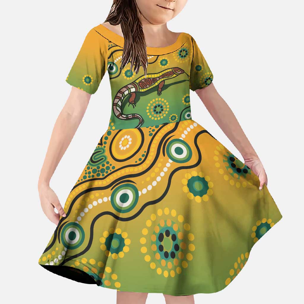 Goanna Aboriginal-style Dot Artwork Family Matching Off Shoulder Maxi Dress and Hawaiian Shirt