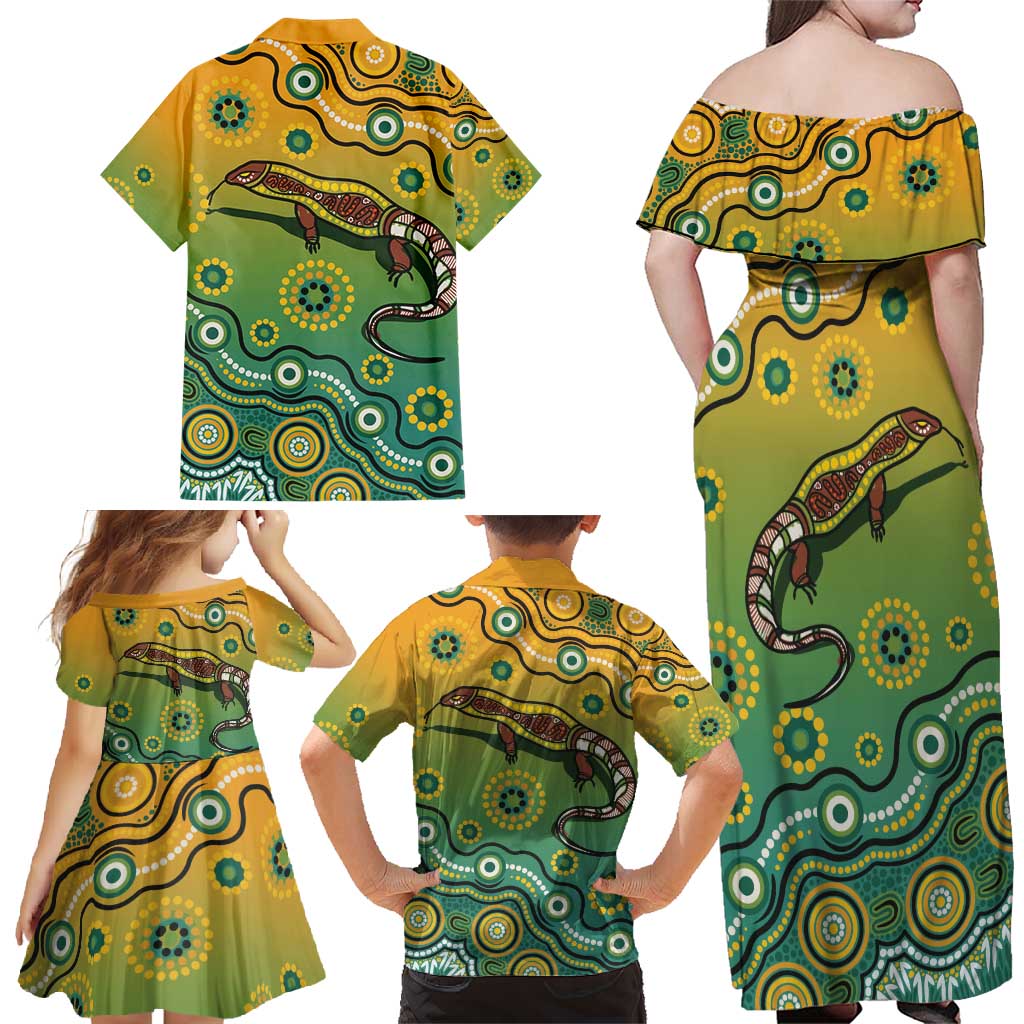 Goanna Aboriginal-style Dot Artwork Family Matching Off Shoulder Maxi Dress and Hawaiian Shirt
