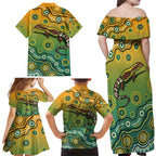 Goanna Aboriginal-style Dot Artwork Family Matching Off Shoulder Maxi Dress and Hawaiian Shirt