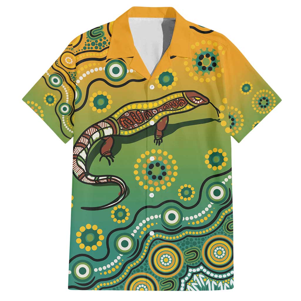 Goanna Aboriginal-style Dot Artwork Family Matching Off Shoulder Maxi Dress and Hawaiian Shirt