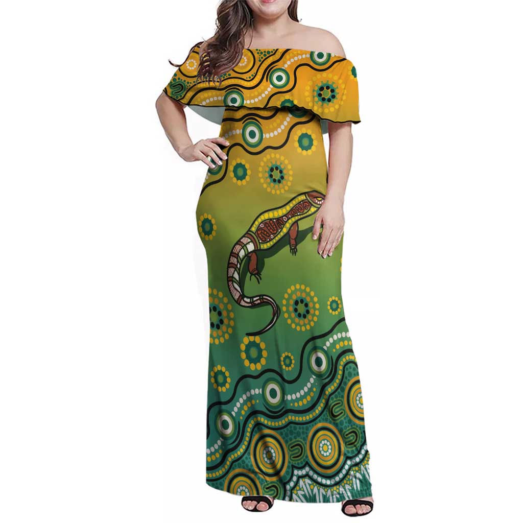 Goanna Aboriginal-style Dot Artwork Family Matching Off Shoulder Maxi Dress and Hawaiian Shirt