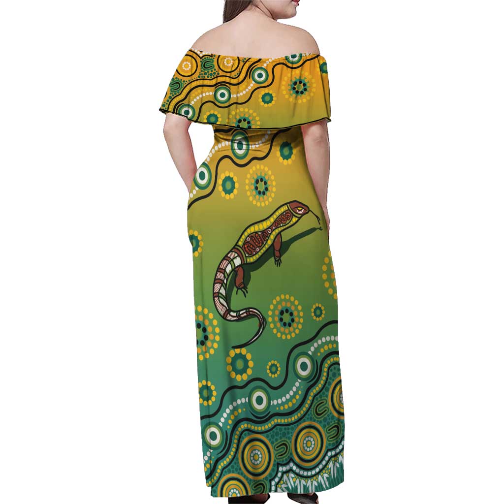Goanna Aboriginal-style Dot Artwork Family Matching Off Shoulder Maxi Dress and Hawaiian Shirt