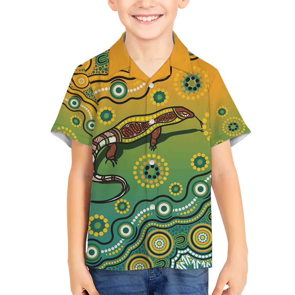 Goanna Aboriginal-style Dot Artwork Family Matching Off Shoulder Maxi Dress and Hawaiian Shirt