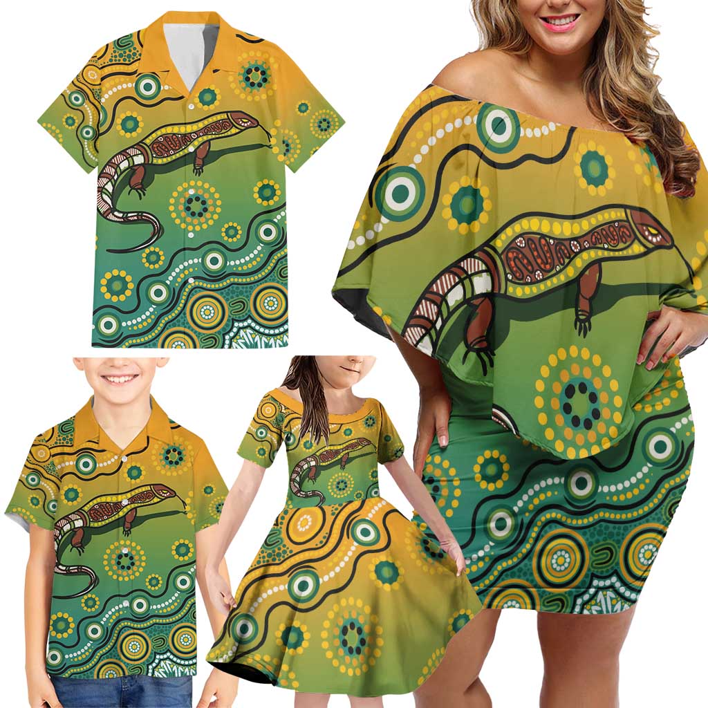 Goanna Aboriginal-style Dot Artwork Family Matching Off Shoulder Short Dress and Hawaiian Shirt