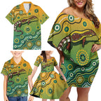 Goanna Aboriginal-style Dot Artwork Family Matching Off Shoulder Short Dress and Hawaiian Shirt