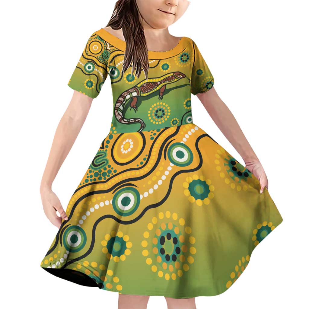 Goanna Aboriginal-style Dot Artwork Family Matching Off Shoulder Short Dress and Hawaiian Shirt