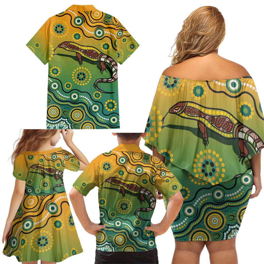 Goanna Aboriginal-style Dot Artwork Family Matching Off Shoulder Short Dress and Hawaiian Shirt