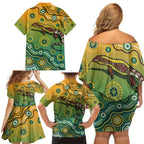 Goanna Aboriginal-style Dot Artwork Family Matching Off Shoulder Short Dress and Hawaiian Shirt