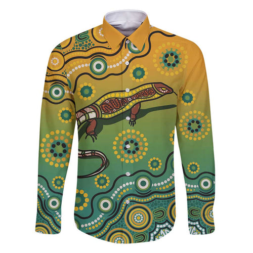 Goanna Aboriginal-style Dot Artwork Family Matching Off Shoulder Short Dress and Hawaiian Shirt