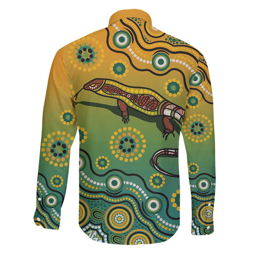 Goanna Aboriginal-style Dot Artwork Family Matching Off Shoulder Short Dress and Hawaiian Shirt