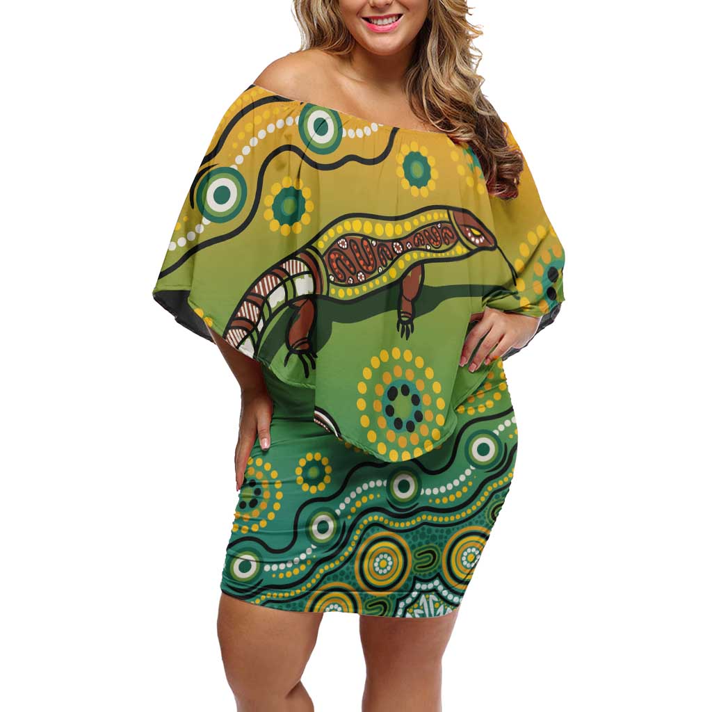 Goanna Aboriginal-style Dot Artwork Family Matching Off Shoulder Short Dress and Hawaiian Shirt