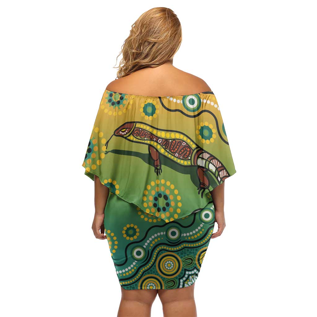 Goanna Aboriginal-style Dot Artwork Family Matching Off Shoulder Short Dress and Hawaiian Shirt
