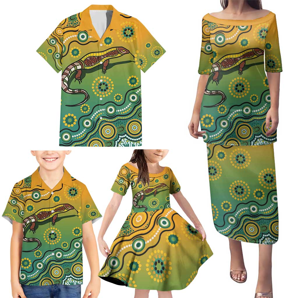Goanna Aboriginal-style Dot Artwork Family Matching Puletasi and Hawaiian Shirt