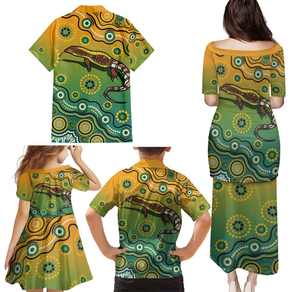 Goanna Aboriginal-style Dot Artwork Family Matching Puletasi and Hawaiian Shirt