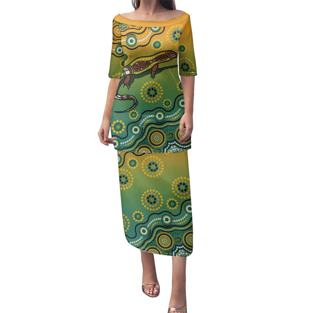 Goanna Aboriginal-style Dot Artwork Family Matching Puletasi and Hawaiian Shirt