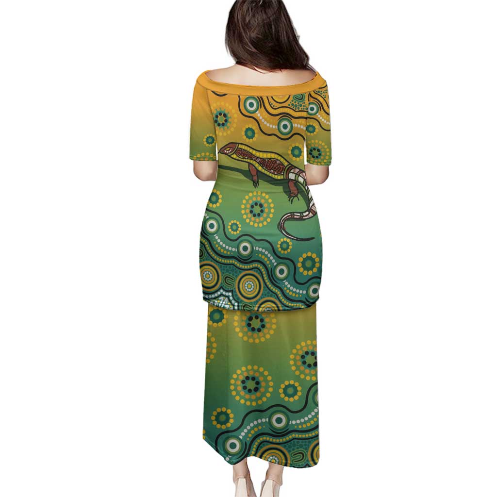 Goanna Aboriginal-style Dot Artwork Family Matching Puletasi and Hawaiian Shirt