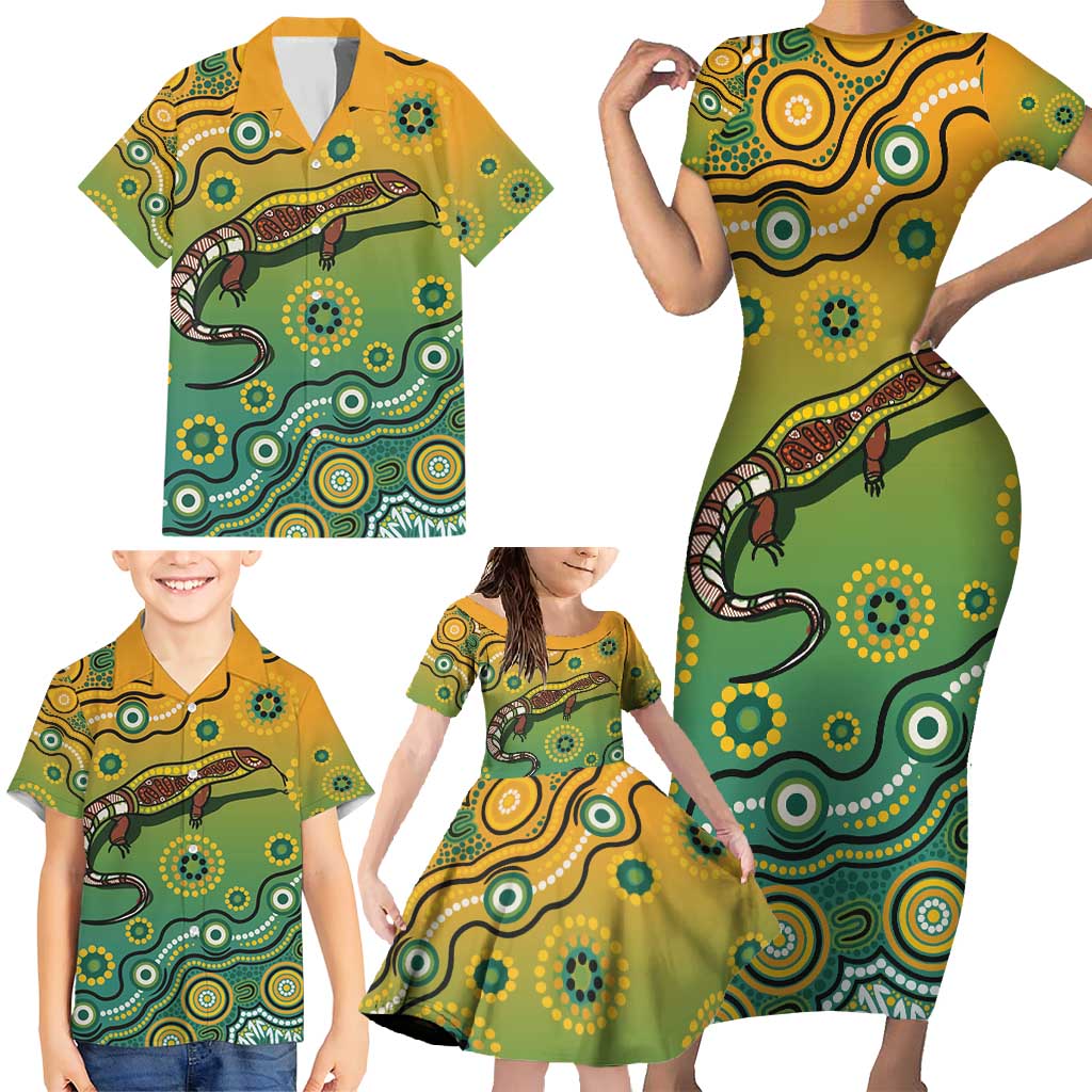 Goanna Aboriginal-style Dot Artwork Family Matching Short Sleeve Bodycon Dress and Hawaiian Shirt