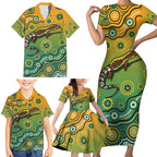 Goanna Aboriginal-style Dot Artwork Family Matching Short Sleeve Bodycon Dress and Hawaiian Shirt