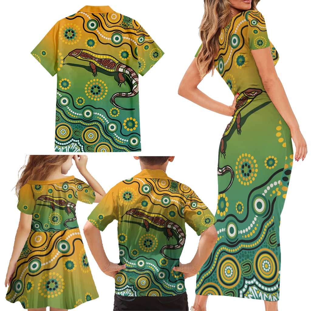 Goanna Aboriginal-style Dot Artwork Family Matching Short Sleeve Bodycon Dress and Hawaiian Shirt