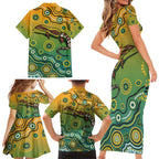 Goanna Aboriginal-style Dot Artwork Family Matching Short Sleeve Bodycon Dress and Hawaiian Shirt