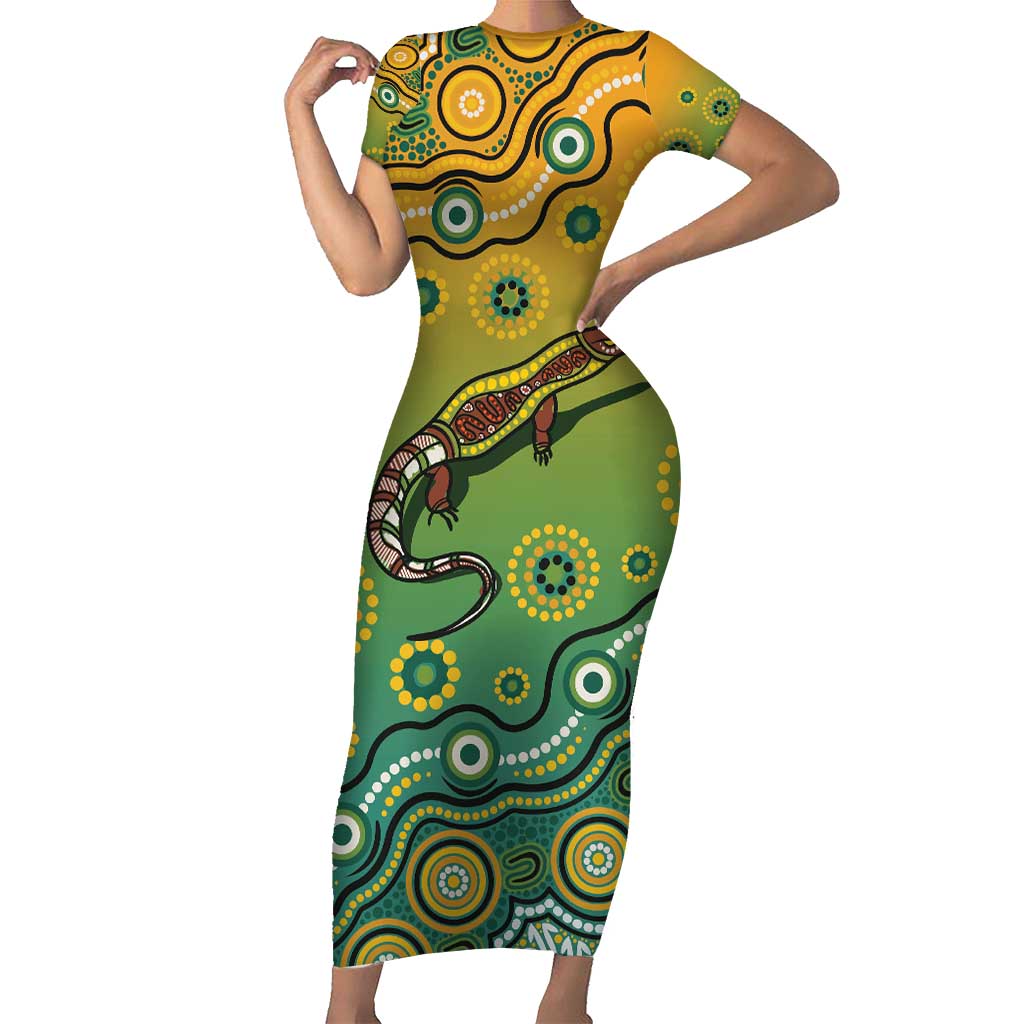 Goanna Aboriginal-style Dot Artwork Family Matching Short Sleeve Bodycon Dress and Hawaiian Shirt