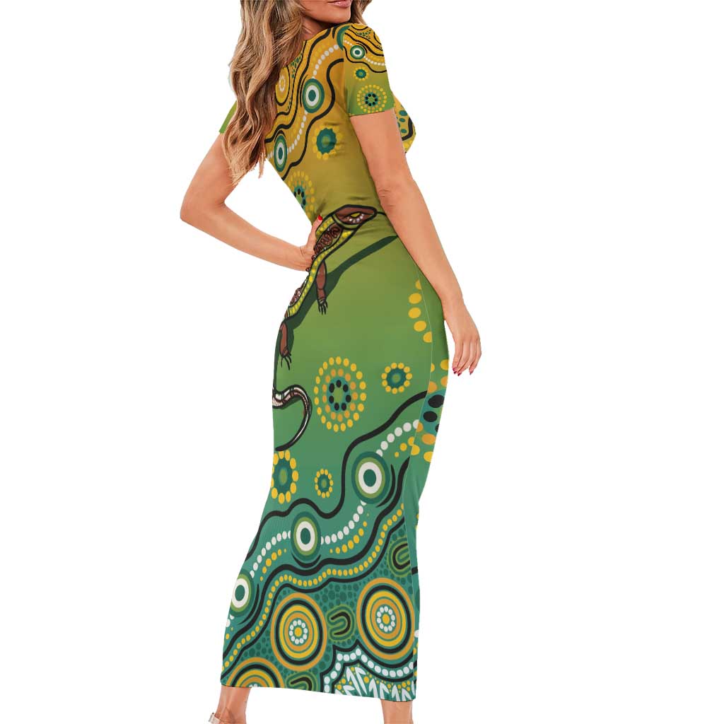 Goanna Aboriginal-style Dot Artwork Family Matching Short Sleeve Bodycon Dress and Hawaiian Shirt
