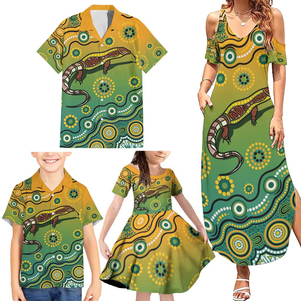 Goanna Aboriginal-style Dot Artwork Family Matching Summer Maxi Dress and Hawaiian Shirt