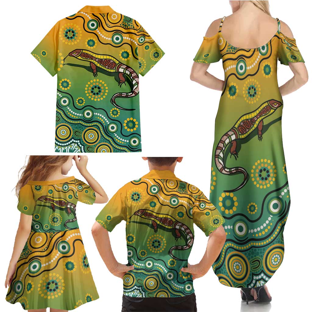 Goanna Aboriginal-style Dot Artwork Family Matching Summer Maxi Dress and Hawaiian Shirt