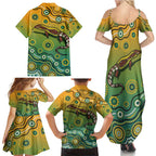 Goanna Aboriginal-style Dot Artwork Family Matching Summer Maxi Dress and Hawaiian Shirt