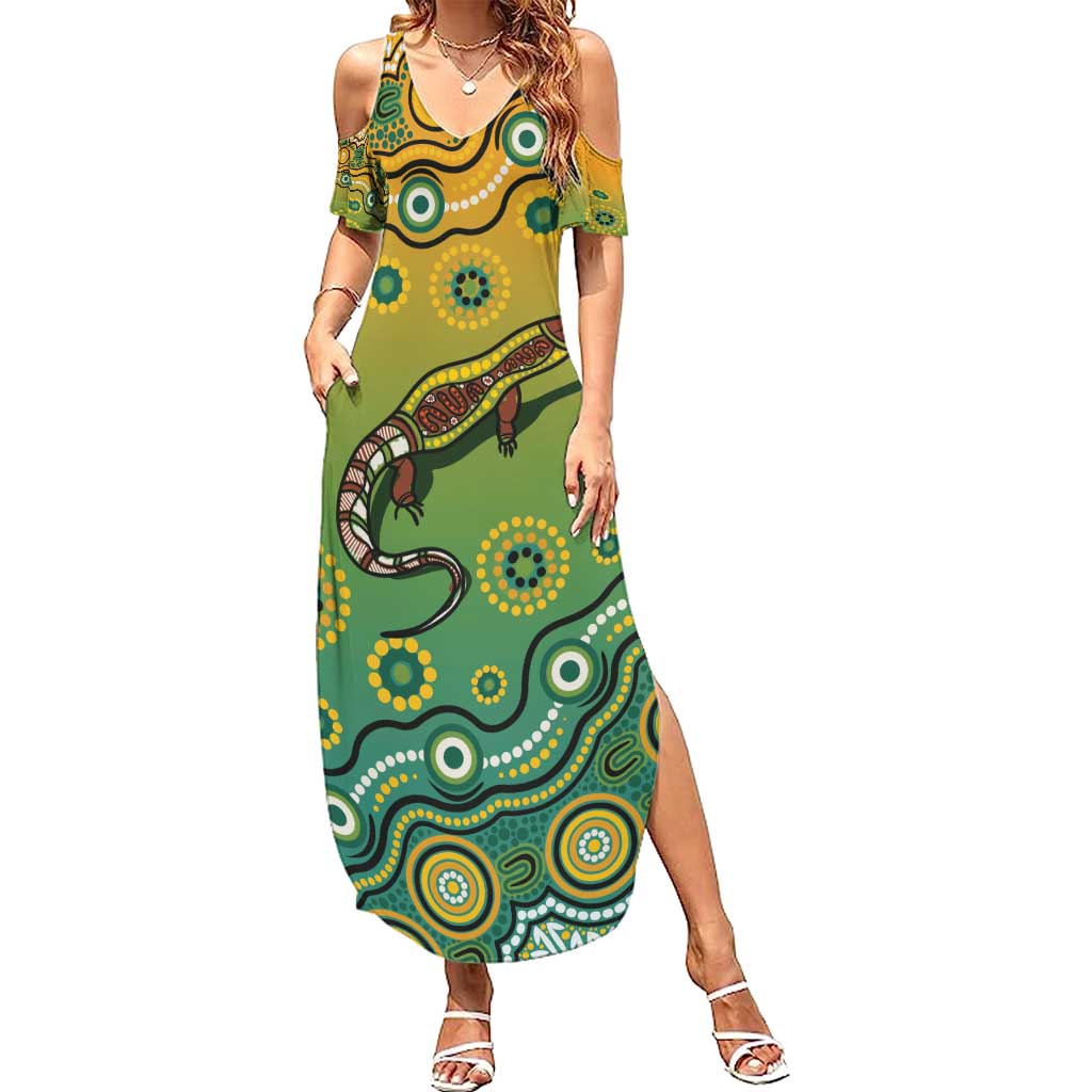 Goanna Aboriginal-style Dot Artwork Family Matching Summer Maxi Dress and Hawaiian Shirt