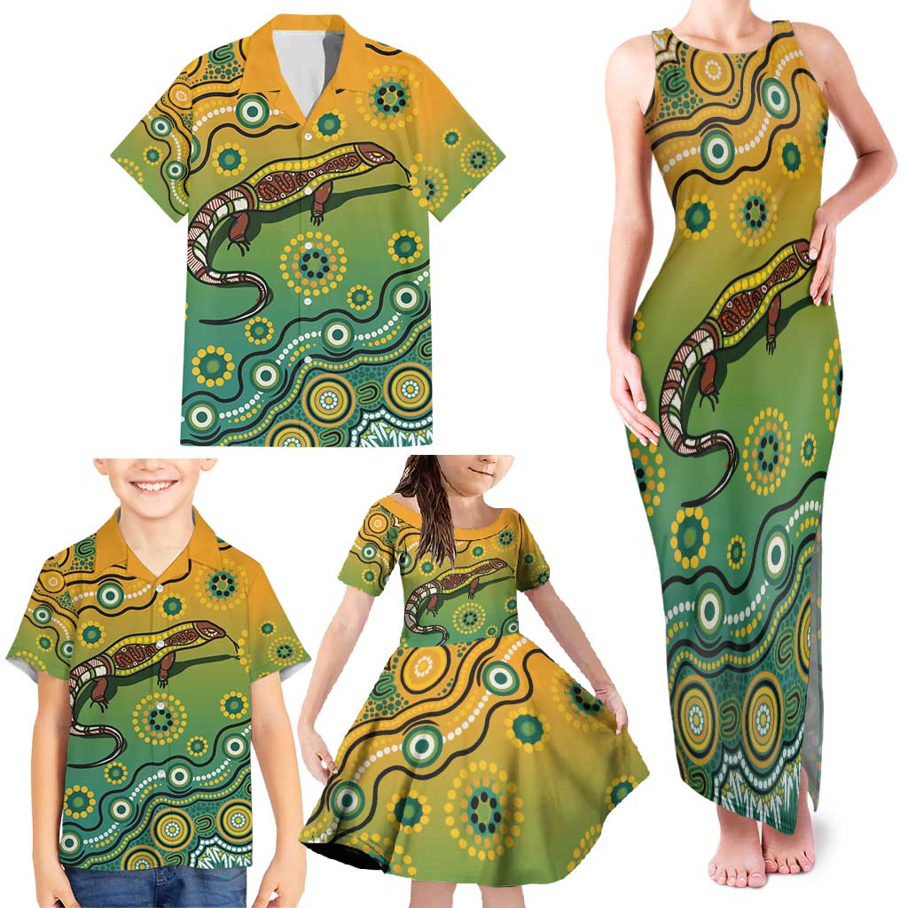 Goanna Aboriginal-style Dot Artwork Family Matching Tank Maxi Dress and Hawaiian Shirt