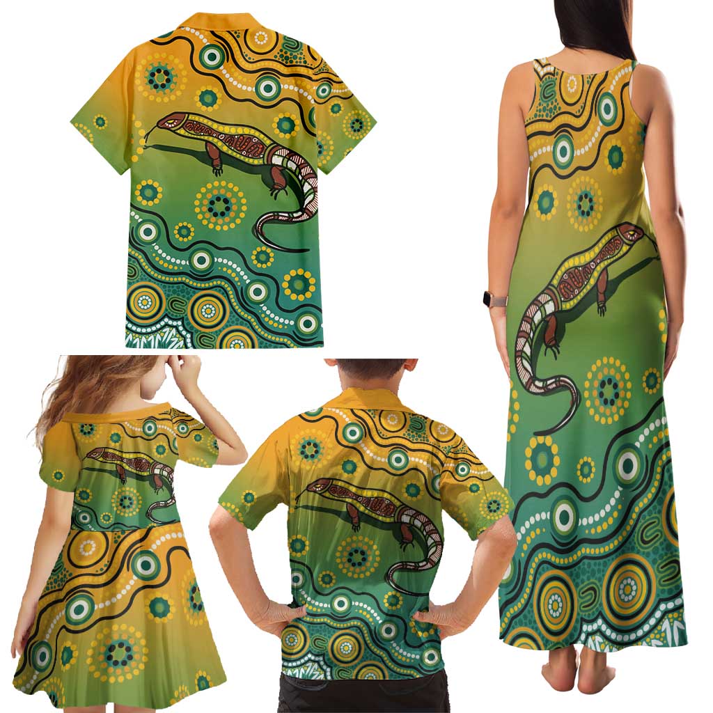 Goanna Aboriginal-style Dot Artwork Family Matching Tank Maxi Dress and Hawaiian Shirt
