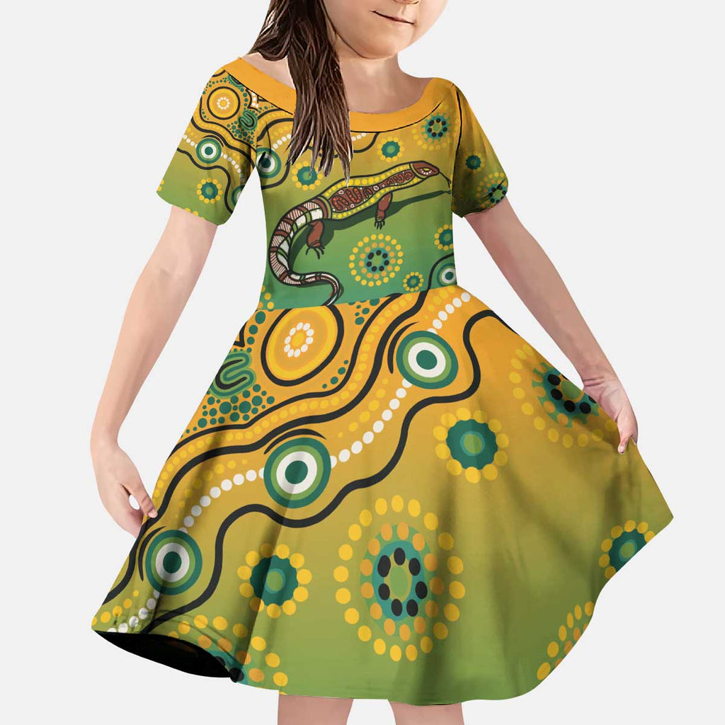 Goanna Aboriginal-style Dot Artwork Kid Short Sleeve Dress
