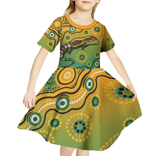 Goanna Aboriginal-style Dot Artwork Kid Short Sleeve Dress