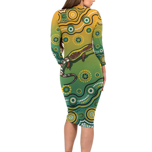 Goanna Aboriginal-style Dot Artwork Long Sleeve Bodycon Dress