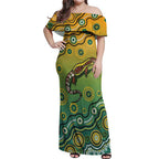 Goanna Aboriginal-style Dot Artwork Off Shoulder Maxi Dress