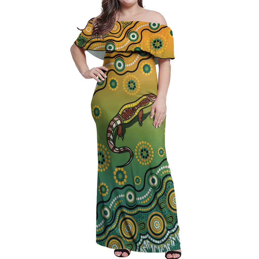Goanna Aboriginal-style Dot Artwork Off Shoulder Maxi Dress