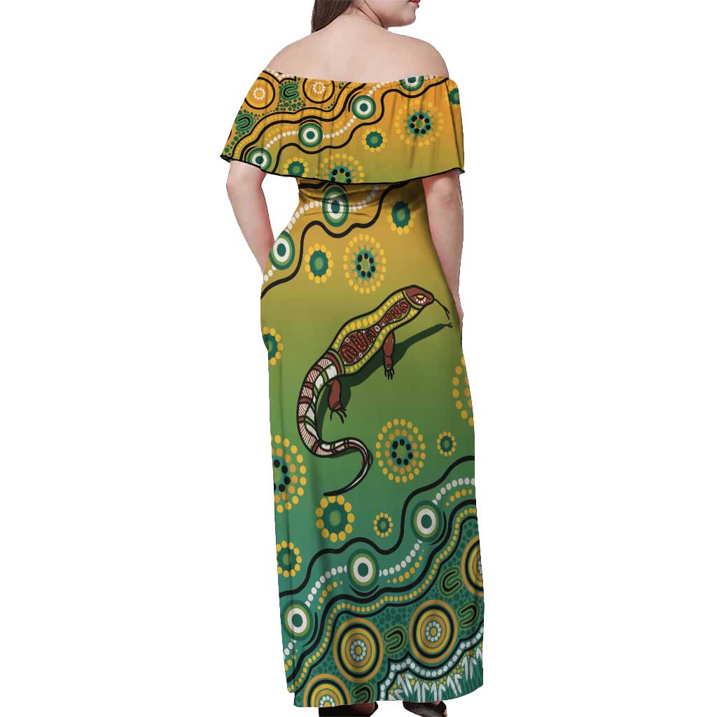 Goanna Aboriginal-style Dot Artwork Off Shoulder Maxi Dress