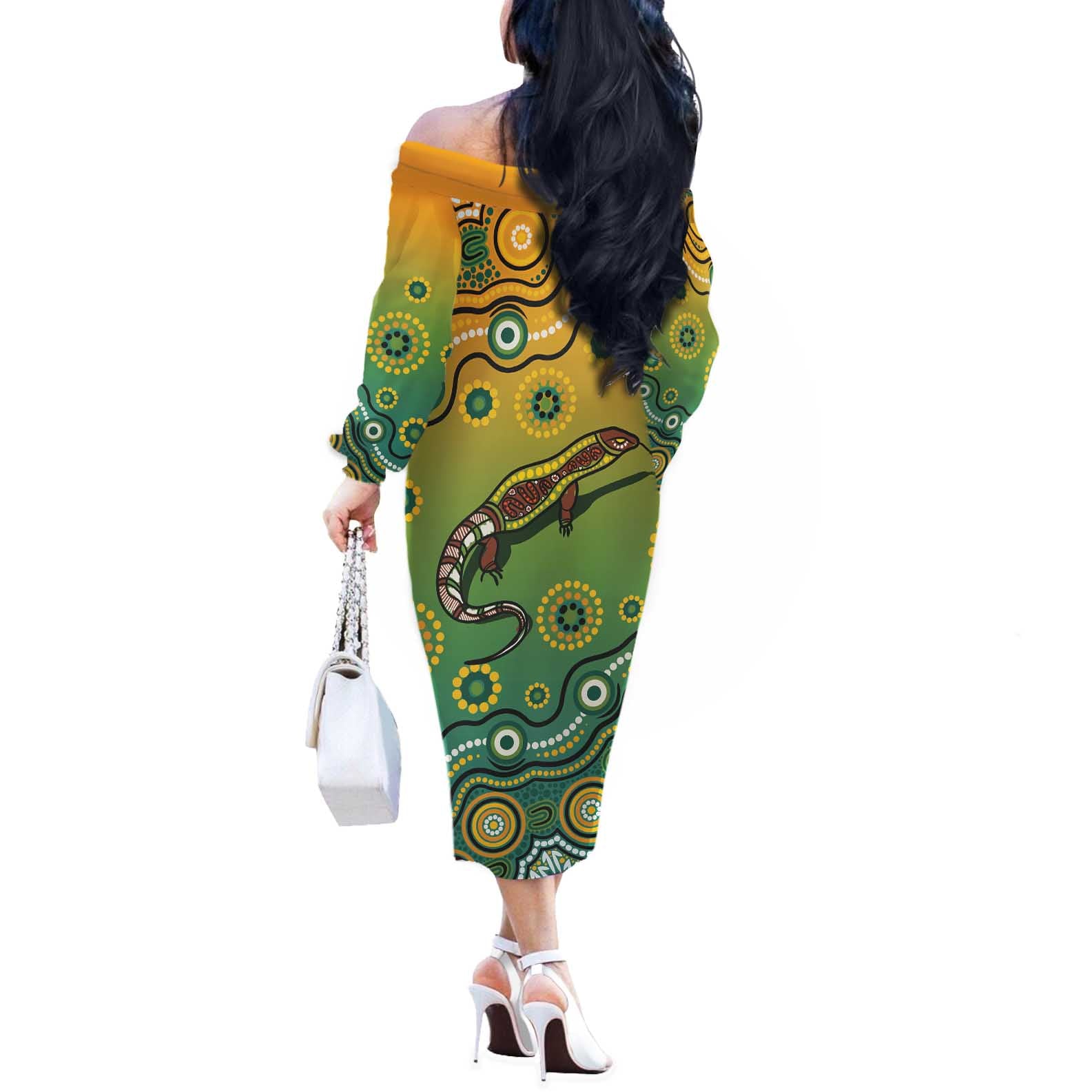 Goanna Aboriginal-style Dot Artwork Off The Shoulder Long Sleeve Dress