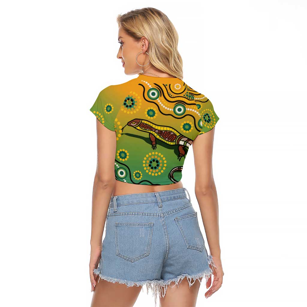 Goanna Aboriginal-style Dot Artwork Raglan Cropped T Shirt