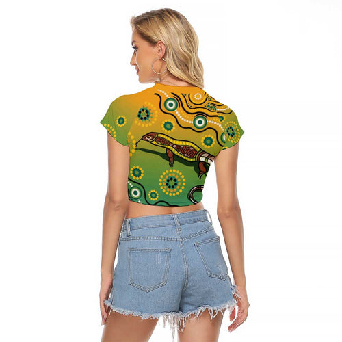 Goanna Aboriginal-style Dot Artwork Raglan Cropped T Shirt