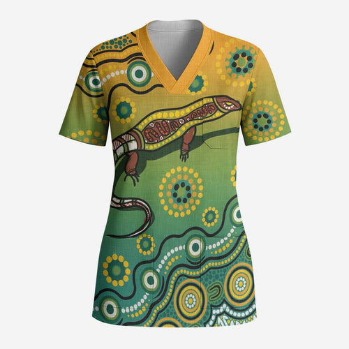 Goanna Aboriginal-style Dot Artwork Scrub Top - Aussie Hoodie