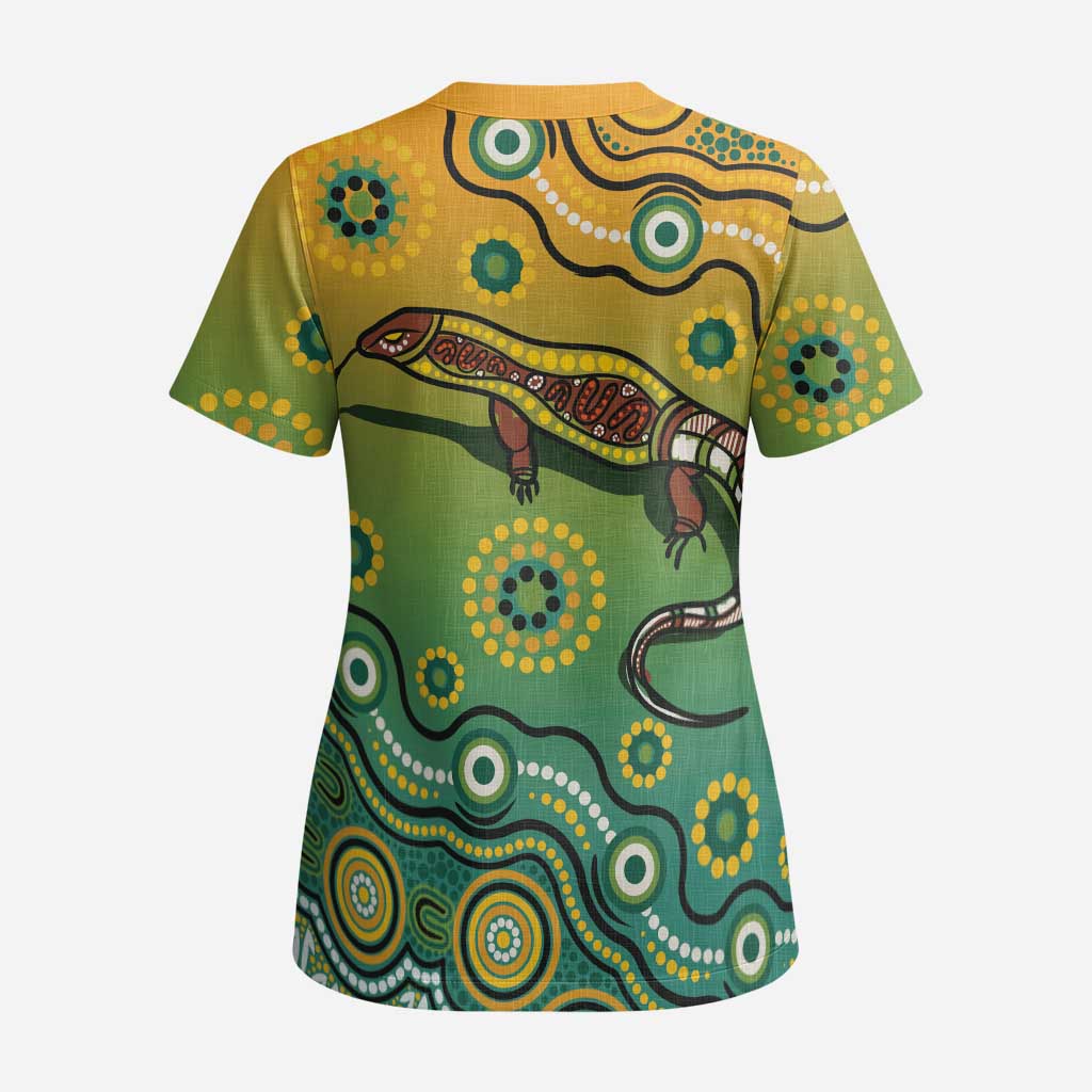 Goanna Aboriginal-style Dot Artwork Scrub Top - Aussie Hoodie