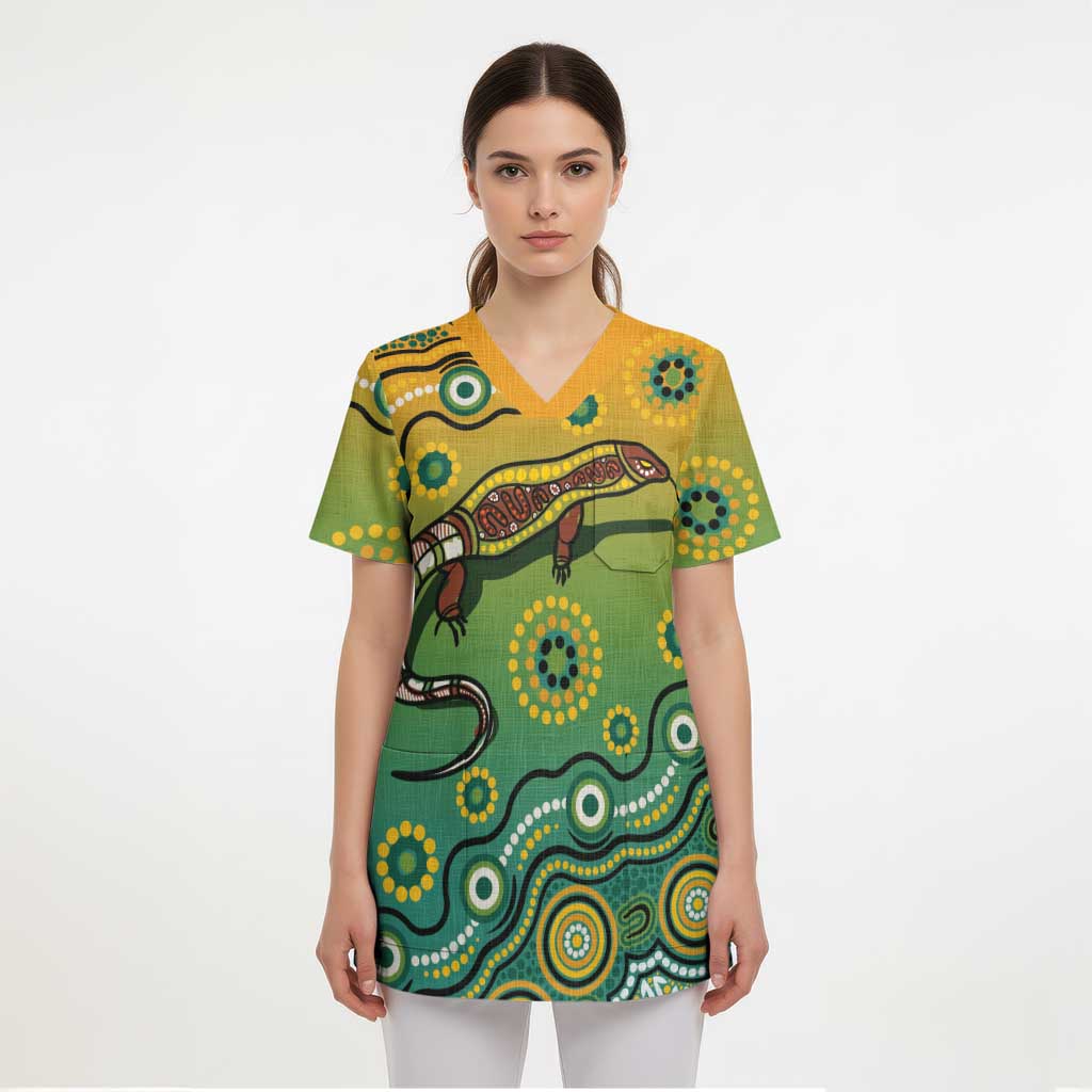 Goanna Aboriginal-style Dot Artwork Scrub Top - Aussie Hoodie
